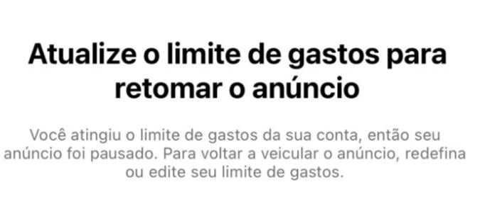 Resolver Problema Instagram - Atualize o limite de gastos para retornar o anúncio